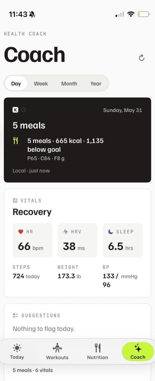 KilterFit Coach screen showing the day's synthesized report and recovery vitals