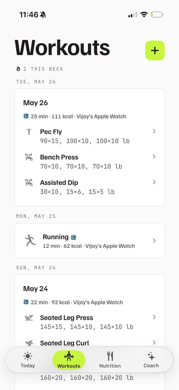 KilterFit Workouts screen showing logged sessions with sets and plate math